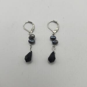 Blue Faux Pearl & Black Bead Dangle Earrings Leverback Crystal Drop Gothic